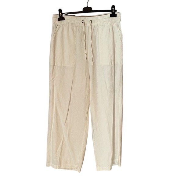 Zenana Outfitters Pants - ZENANA Womens XL Wide Leg Cropped Pants Cream Linen Blend Drawstring Waist